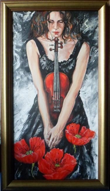 Painting titled "violist with poppy" by Katerina Evgenieva, Original Artwork
