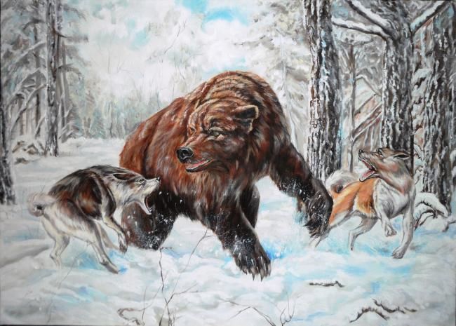 Painting titled "Bear  with Wolfs" by Katerina Evgenieva, Original Artwork, Oil