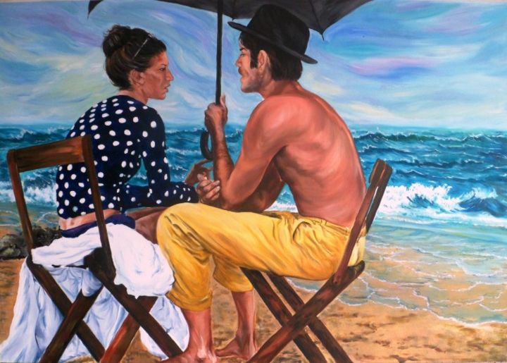Pintura intitulada "couple on the beach" por Katerina Evgenieva, Obras de arte originais, Óleo