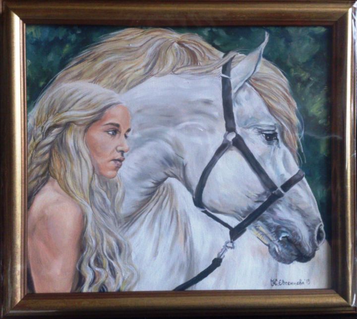 Картина под названием "White horse with gi…" - Katerina Evgenieva, Подлинное произведение искусства