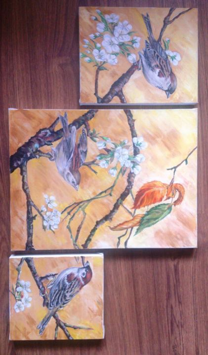 Painting titled "Sparrows 2" by Katerina Evgenieva, Original Artwork, Other