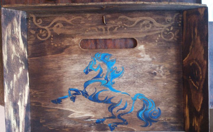 Painting titled "Blue Horse  on wood…" by Katerina Evgenieva, Original Artwork, Oil