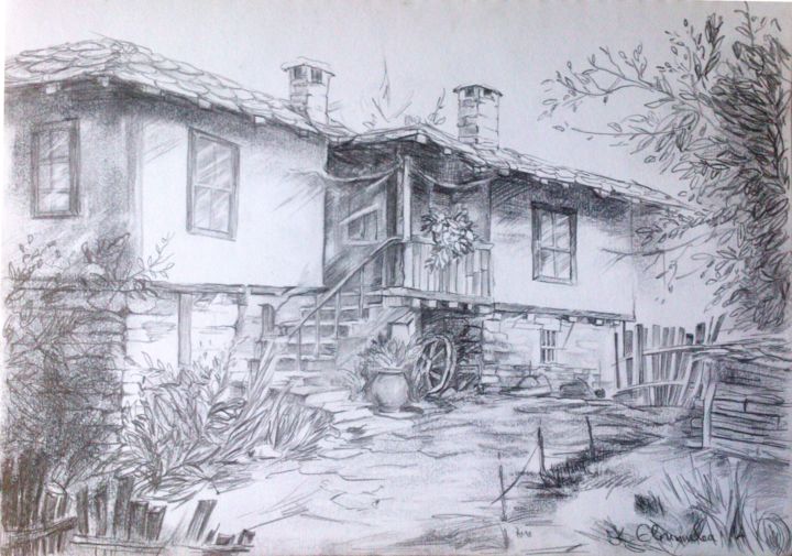 Desenho intitulada "Old bulgarian house" por Katerina Evgenieva, Obras de arte originais, Lápis