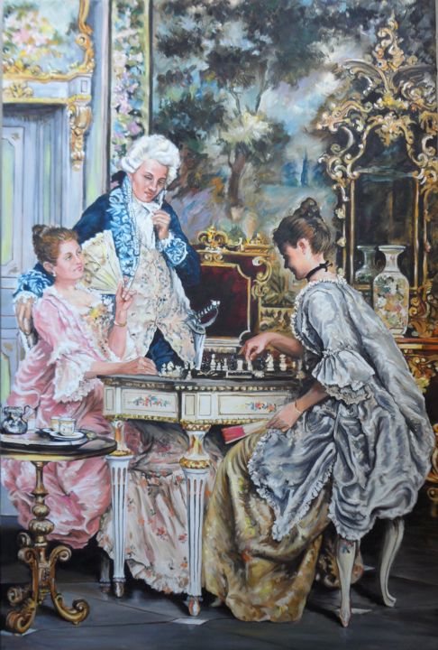 Schilderij getiteld "The Game of Chess" door Katerina Evgenieva, Origineel Kunstwerk, Olie
