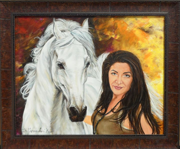 Картина под названием "White horse with wo…" - Katerina Evgenieva, Подлинное произведение искусства, Масло