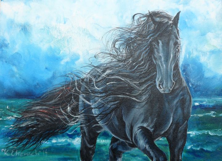 Peinture intitulée "Black stalion." par Katerina Evgenieva, Œuvre d'art originale, Huile