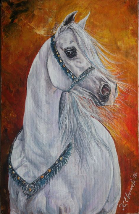 Painting titled "White mare" by Katerina Evgenieva, Original Artwork, Oil