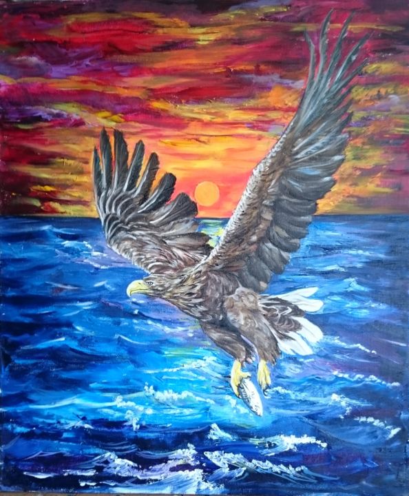 Painting titled "Golden eagle in sun…" by Katerina Evgenieva, Original Artwork, Oil