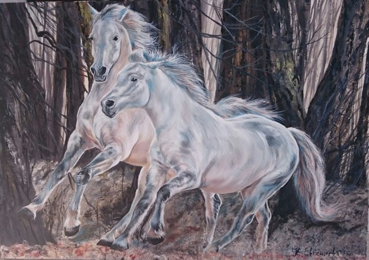 Schilderij getiteld "Wild horses in to t…" door Katerina Evgenieva, Origineel Kunstwerk, Olie