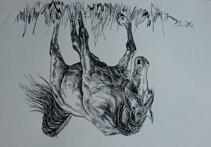 Drawing titled "Horse 13" by Katerina Evgenieva, Original Artwork, Ink