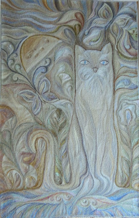Textilkunst mit dem Titel "Лунный кот мечтающи…" von Aleksandr Bo, Original-Kunstwerk, Stickerei