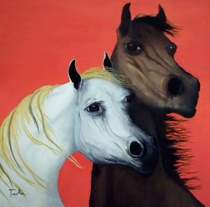 Painting titled "Horse Lovers in Red" by Patrick Trotter, Original Art, Oil