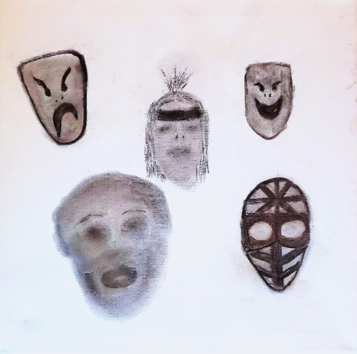 Drawing titled "Masks" by Troy Wilson-Ripsom, Original Artwork, Charcoal Mounted on Wood Stretcher frame