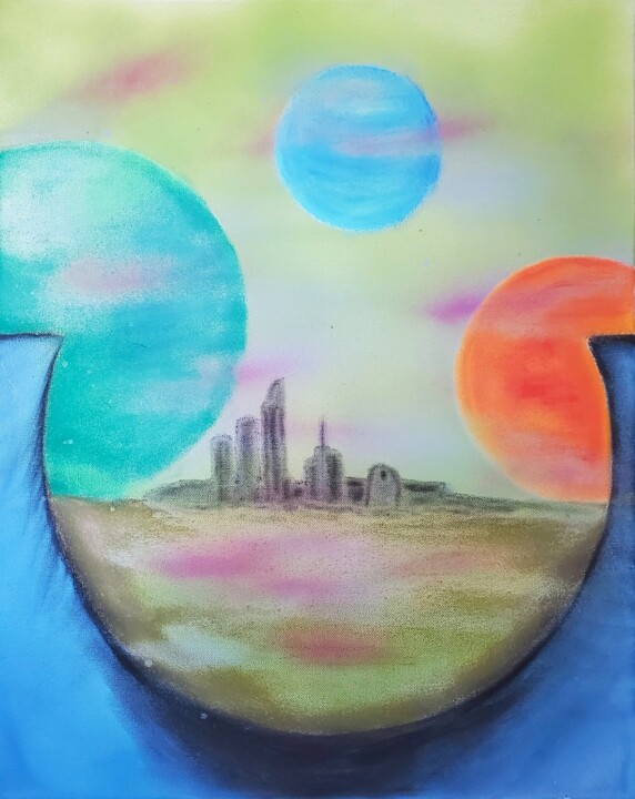 Painting titled "City in the Distance" by Troy Wilson-Ripsom, Original Artwork, Pastel Mounted on Wood Stretcher frame