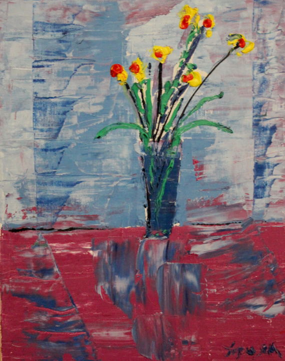 Peinture intitulée "Цветы в голубой вазе" par Oleg Troian, Œuvre d'art originale, Huile
