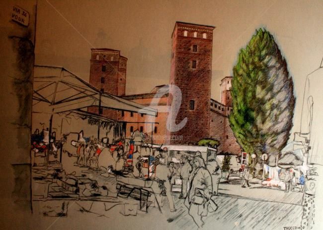 Schilderij getiteld "Fossano_mercato in…" door Gian Piero Trucco, Origineel Kunstwerk, Anders