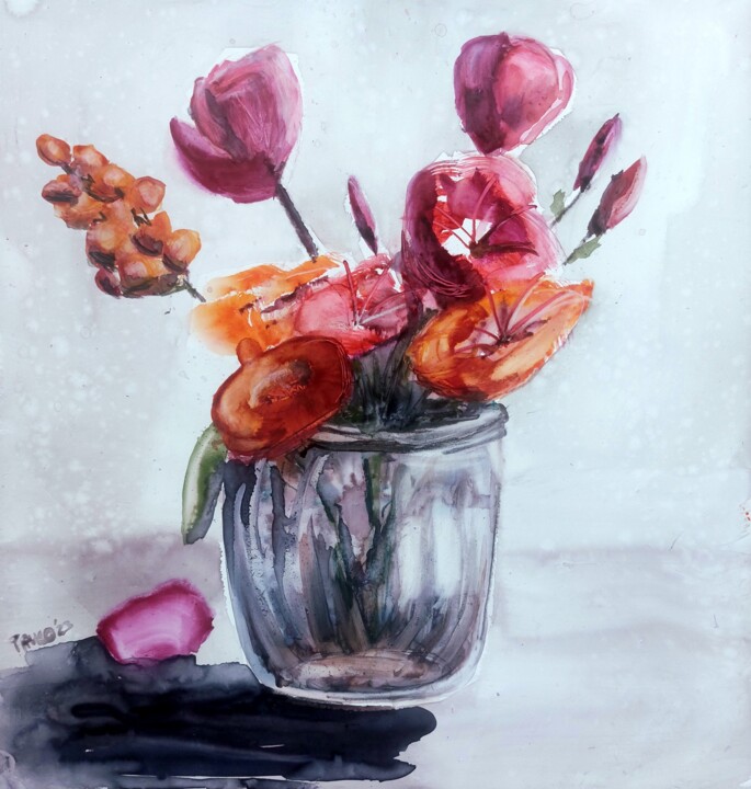 Schilderij getiteld "Flowers in Jam" door Trudy Colette, Origineel Kunstwerk, Aquarel