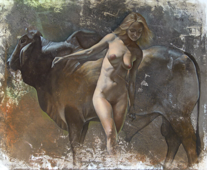 Painting titled "Nude cowgirl" by Tsanko Tsankov, Original Artwork, Oil