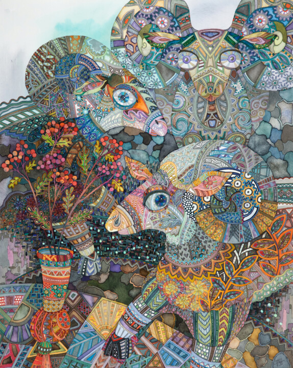 Картина под названием "Three of Rams" - Ann Tsarykovska, Подлинное произведение искусства, Акварель