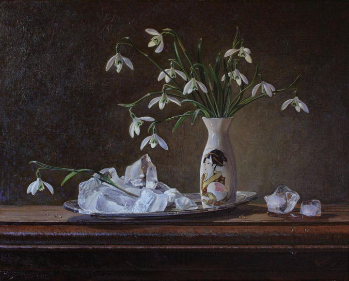 Painting titled "Schneeglockchen" by Tschumakov Sergey, Original Art, Oil Mounted on Stretcher frame