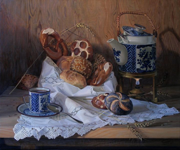 Painting titled "Булочки" by Tschumakov Sergey, Original Art, Oil Mounted on Stretcher frame