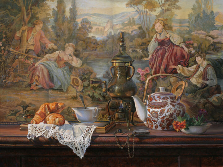 Painting titled "Круассаны" by Tschumakov Sergey, Original Artwork, Oil Mounted on Wood Stretcher frame