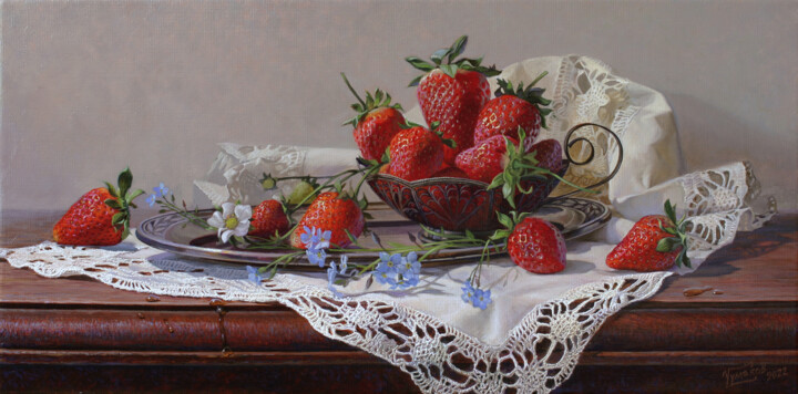 Pintura titulada "Erdbeeren" por Tschumakov Sergey, Obra de arte original, Oleo Montado en Bastidor de camilla de madera