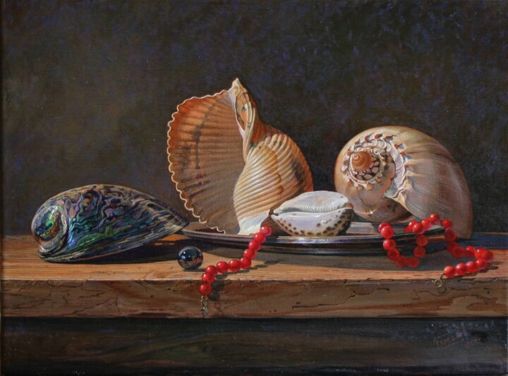 Painting titled "Коралловые бусы" by Tschumakov Sergey, Original Artwork, Oil Mounted on Wood Stretcher frame