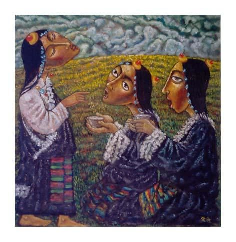 Painting titled "grassland girls" by Tsering Nyandak, Original Artwork