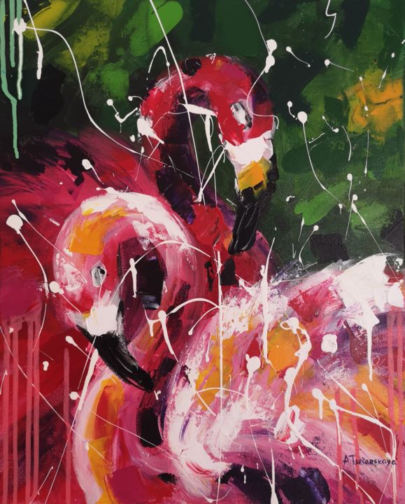 Pintura titulada "Dance Flamingo" por Aliaksandra Tsesarskaya, Obra de arte original, Acrílico Montado en Bastidor de camill…