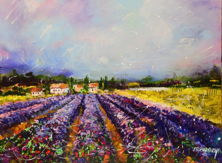 Pintura titulada "Lavander field (pro…" por Aliaksandra Tsesarskaya, Obra de arte original, Acrílico