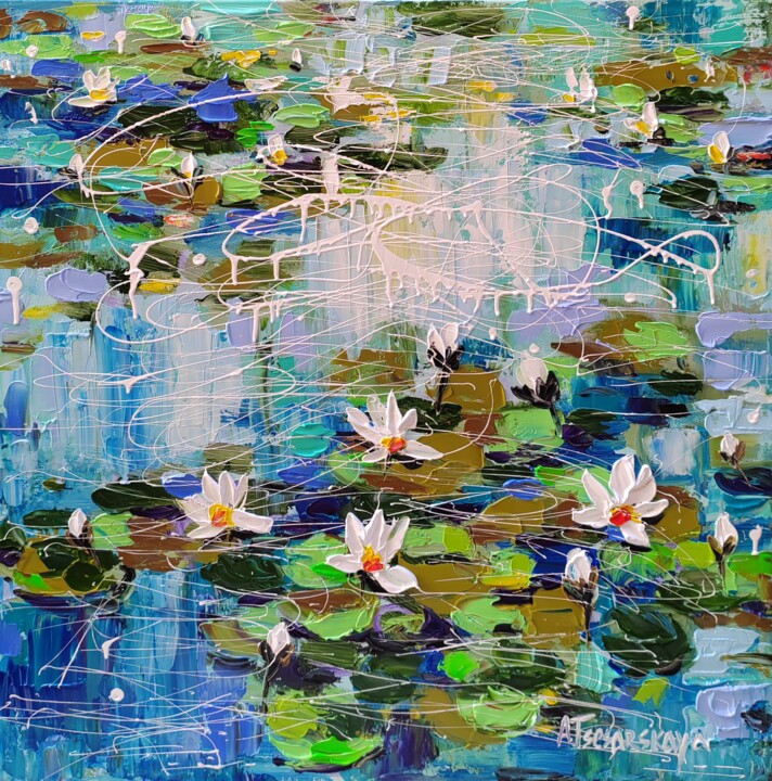 Malarstwo zatytułowany „White water lilies” autorstwa Aliaksandra Tsesarskaya, Oryginalna praca, Akryl Zamontowany na Drewni…