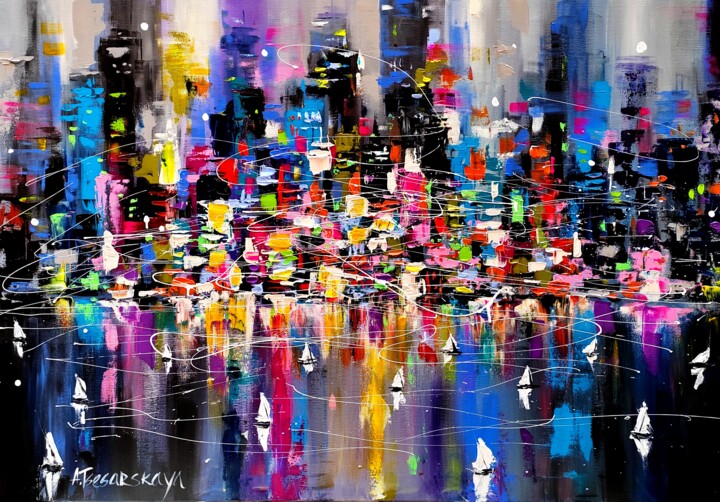 Schilderij getiteld "Night new York city…" door Aliaksandra Tsesarskaya, Origineel Kunstwerk, Acryl Gemonteerd op Frame voor…