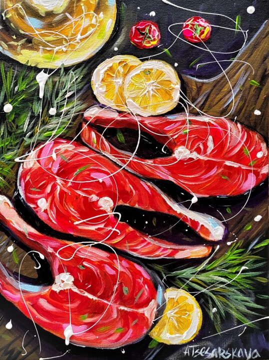 Malerei mit dem Titel "Salmón - food paint…" von Aliaksandra Tsesarskaya, Original-Kunstwerk, Acryl Auf Keilrahmen aus Holz…