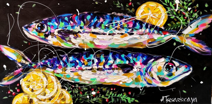 Pintura titulada "Fish and limón" por Aliaksandra Tsesarskaya, Obra de arte original, Acrílico Montado en Bastidor de camill…