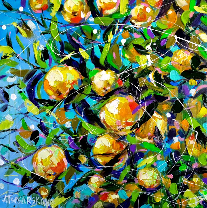 Schilderij getiteld "Lemon tree - colorf…" door Aliaksandra Tsesarskaya, Origineel Kunstwerk, Acryl Gemonteerd op Frame voor…