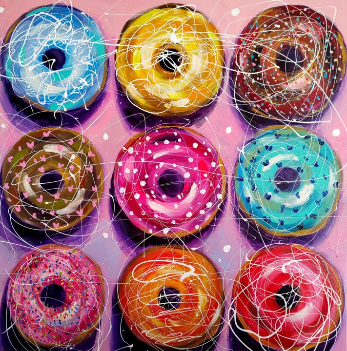 Schilderij getiteld "Colorful donuts des…" door Aliaksandra Tsesarskaya, Origineel Kunstwerk, Acryl Gemonteerd op Frame voor…