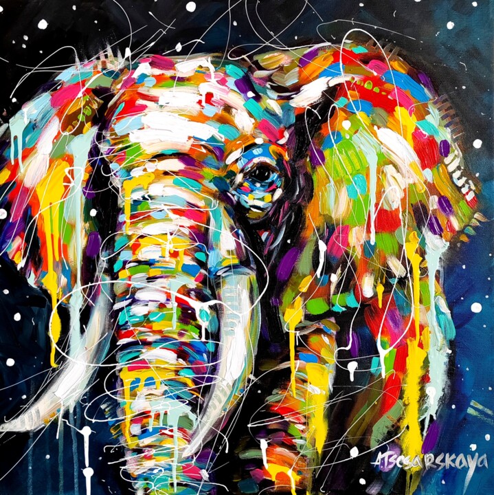 Pintura titulada "Colorful elephant" por Aliaksandra Tsesarskaya, Obra de arte original, Acrílico Montado en Bastidor de cam…