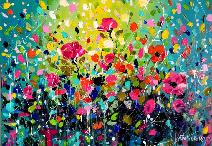 Pintura titulada "Colorful flowers fi…" por Aliaksandra Tsesarskaya, Obra de arte original, Acrílico Montado en Bastidor de…