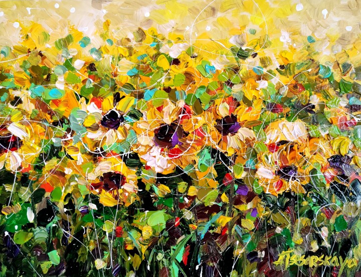 Pintura titulada "Sunflowers field -…" por Aliaksandra Tsesarskaya, Obra de arte original, Acrílico Montado en Bastidor de c…