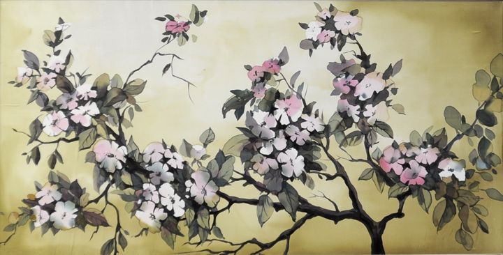 Malerei mit dem Titel "вишня в цвету" von Tatiana Shutova, Original-Kunstwerk, Stoff Auf Karton montiert