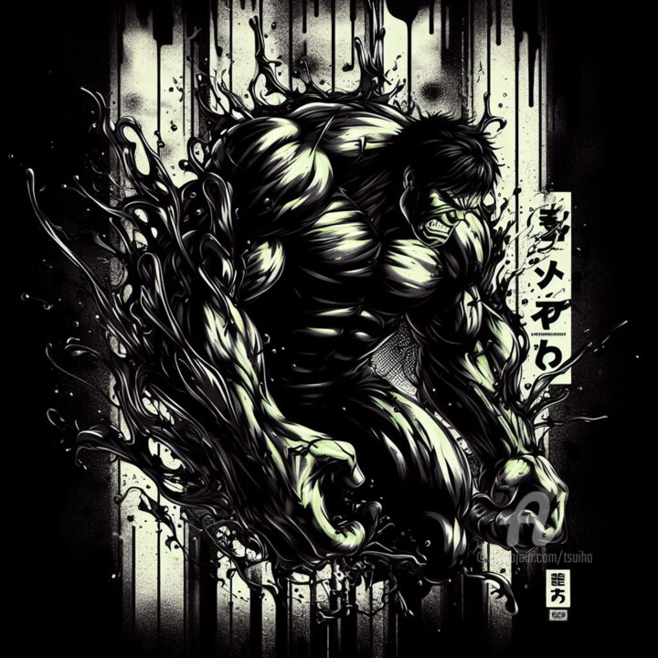 Digitale Kunst getiteld "Le grand Hulk à Tok…" door Tsuiho, Origineel Kunstwerk, AI gegenereerde afbeelding