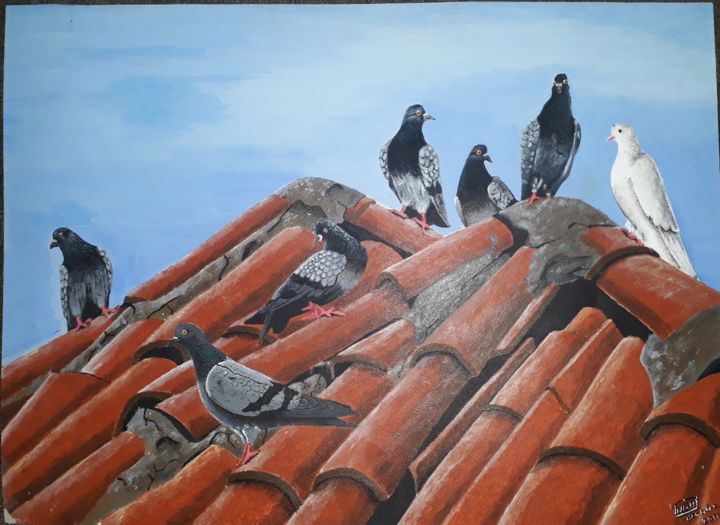 "Çatıdaki güvercinler" başlıklı Tablo Tugay Bekgöz tarafından, Orijinal sanat, Akrilik
