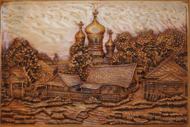 Scultura intitolato "Деревенька" da Vitalii Horiuk, Opera d'arte originale, Legno