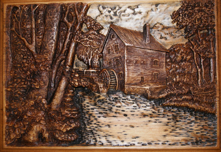 Sculpture titled "Watermill" by Vitalii Horiuk, Original Artwork, Wood