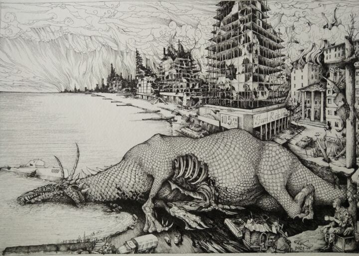 Рисунок под названием "Смерть Левиафана" - Кирилл Часовских, Подлинное произведение искусства, Чернила