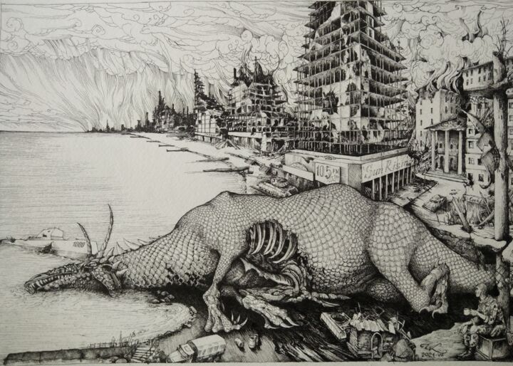 Drawing titled "Смерть Левиафана" by Kirill Chasovskikh, Original Artwork, Ink