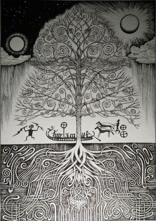 Dibujo titulada "World Tree" por Kirill Chasovskikh, Obra de arte original, Tinta