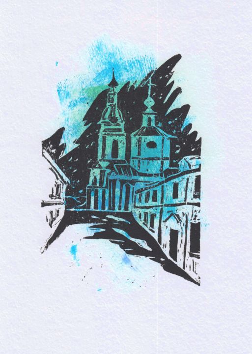 Printmaking titled "The Church of the T…" by Natacha Deny, Original Artwork, Linocuts
