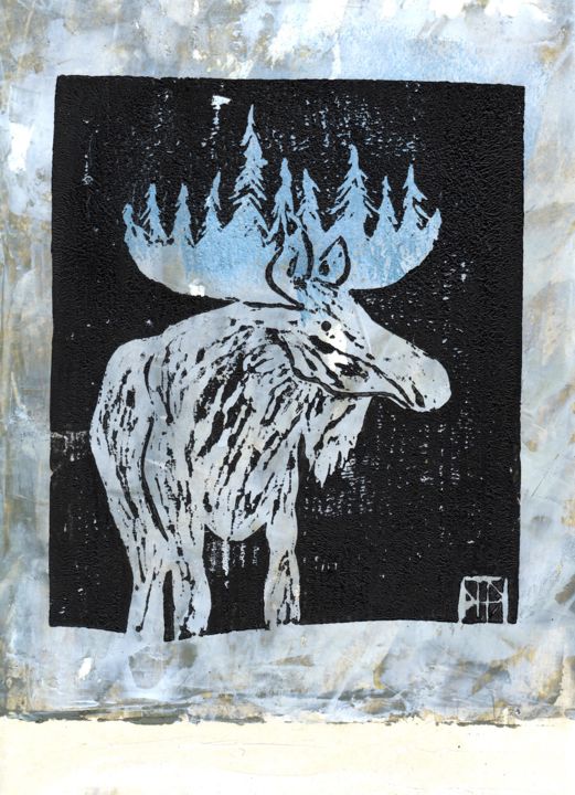 Impressões e gravuras intitulada "Лос-лес Deer-Forest" por Natacha Deny, Obras de arte originais, Linoleogravura